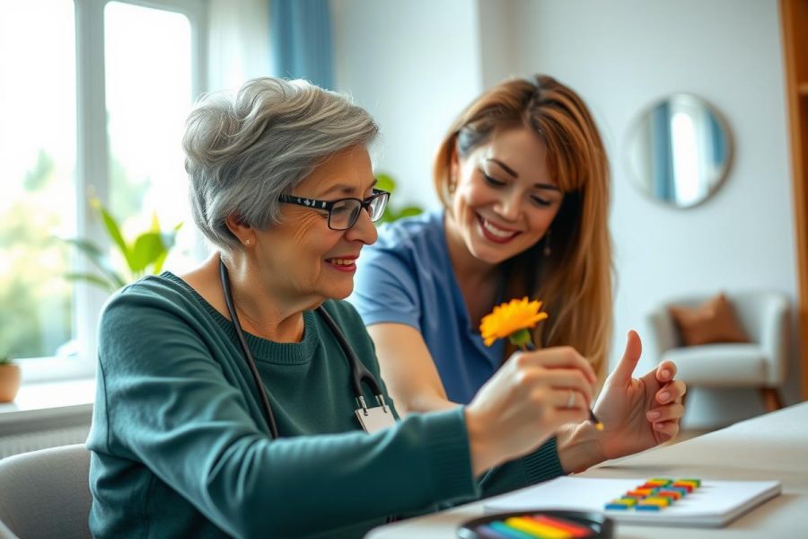 Two women are painting together at a table, one showing the other how to paint a flower. The scene is bright and airy, with natural light and a warm color palette. A crafting or art lesson moment.