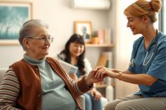 Healthcare professional examining an elderly woman's pulse during a home visit. Warm lighting, comfortable living room setting. Focus on compassionate care and wellness.
