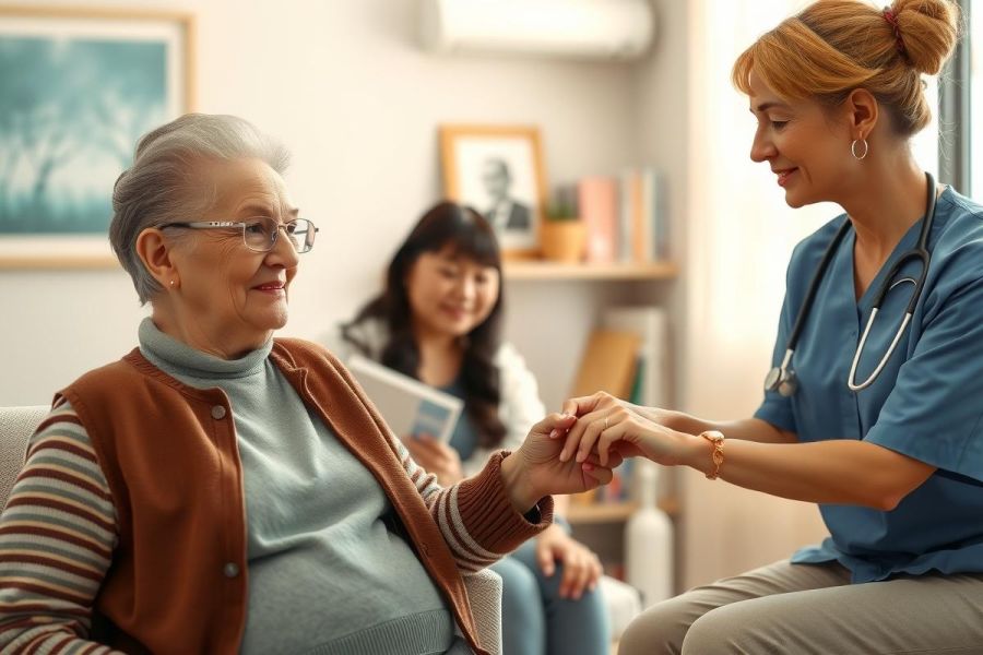 Healthcare professional examining an elderly woman's pulse during a home visit. Warm lighting, comfortable living room setting. Focus on compassionate care and wellness.