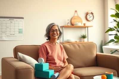 An older woman is sitting on a beige sofa, smiling and wearing glasses. She appears to be in her living room, which has a cozy atmosphere with plants, a wooden shelf in the background and a potted plant to the left.