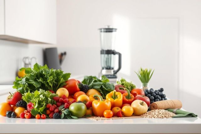 Healthy food arrangement on a kitchen counter. Vibrant fruits and vegetables like apples, berries, peppers, and leafy greens are displayed alongside a blender. Focus on fresh, colorful produce for a healthy lifestyle and nutritious meals. Clean, bright kitchen background.