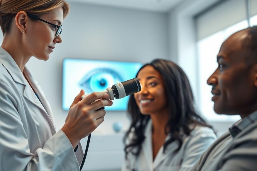 Optometrist examining a patient's eye in a modern clinic. A healthcare professional uses an ophthalmoscope during an eye exam, with a friendly atmosphere and a focus on eye care and vision health. Professional medical setting with bright, neutral colors.