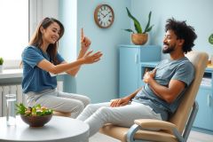 Two people sit in a bright, modern living room. A smiling woman gestures with her hands while a man relaxes in a chair. The room features natural light, a bowl of fruit, and a minimalist aesthetic.