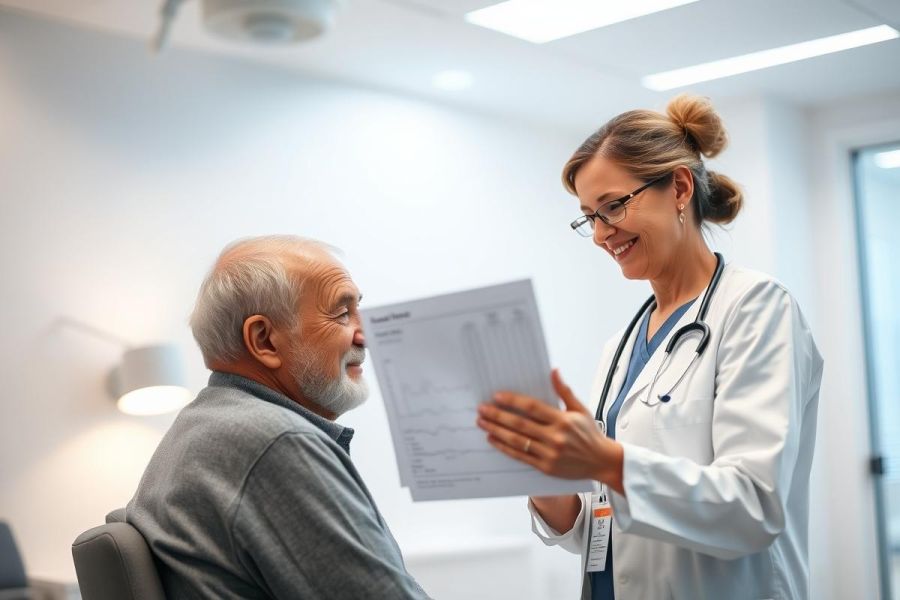 A smiling female doctor in a white coat discusses medical results with an elderly patient in a bright, modern clinic. The scene conveys healthcare, senior care, and a positive doctor-patient relationship. Predominant colors are white and gray, suggesting a clean and professional environment.