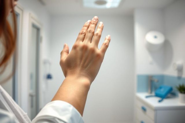 Close-up of a hand raised in a medical setting, likely a clinic or hospital bathroom. Predominantly white and blue tones create a clean, sterile environment. Focus on hygiene and healthcare concepts.