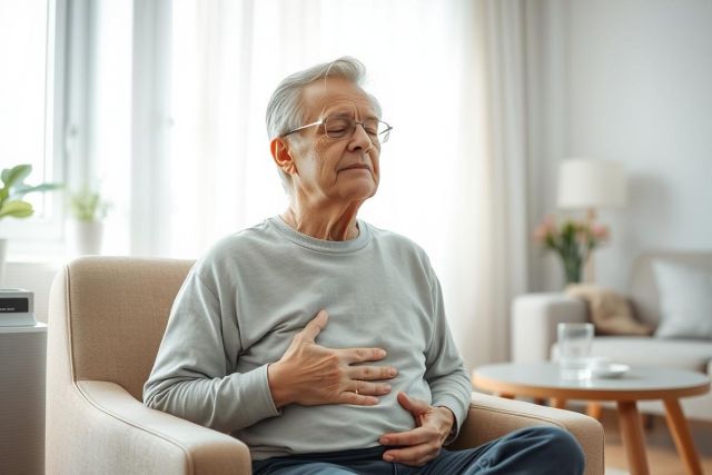 Older man experiencing abdominal pain while seated in a living room. He's holding his stomach with a concerned expression. The image depicts health concerns, potentially digestive issues, and senior care in a home setting with neutral tones and natural light.