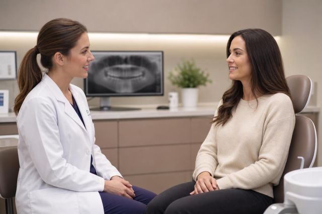 Dentist consulting with patient in modern clinic, dental X-ray visible on monitor behind.
