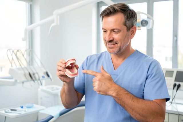 Dentist in blue scrubs demonstrating a full denture model while explaining fit and function in a bright clinic.