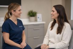 Dental hygienist speaking with patient in modern clinic consultation chair, calm professional setting.
