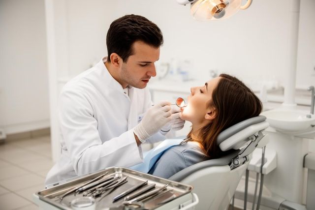 Dentist examining a patient's gums with a mirror and probe in a bright dental operatory.