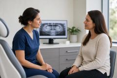 Dental clinician consulting with an adult patient in a modern office, dental X-ray visible.