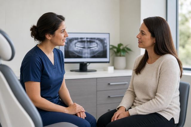 Dental clinician consulting with an adult patient in a modern office, dental X-ray visible.