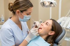 Dental clinician examines a patient's open mouth with a mirror and probe while the patient reclines in the treatment chair.