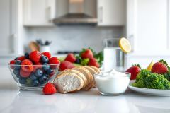 Healthy breakfast or lunch spread featuring fresh berries (strawberries, blueberries), sliced chicken breast, yogurt, broccoli, and a glass of water with lemon. The scene is set in a bright, modern kitchen with white cabinets, showcasing a nutritious and balanced meal.