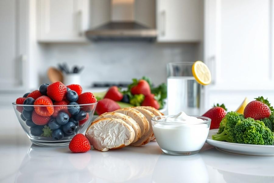 Healthy breakfast or lunch spread featuring fresh berries (strawberries, blueberries), sliced chicken breast, yogurt, broccoli, and a glass of water with lemon. The scene is set in a bright, modern kitchen with white cabinets, showcasing a nutritious and balanced meal.