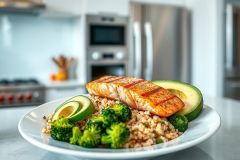 Healthy salmon dish with brown rice, broccoli, and avocado. Close-up view of a nutritious meal on a white plate in a modern kitchen setting. Focus on the grilled salmon and vibrant green vegetables. 