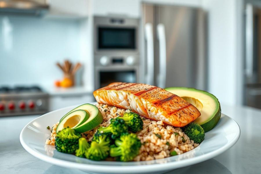 Healthy salmon dish with brown rice, broccoli, and avocado. Close-up view of a nutritious meal on a white plate in a modern kitchen setting. Focus on the grilled salmon and vibrant green vegetables.