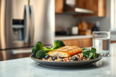 Healthy meal prep featuring grilled salmon with brown rice, blueberries, and broccoli. Presented on a dark plate in a modern kitchen setting with stainless steel appliances. Focus on nutritious food and balanced diet concepts. Fresh greens and water glass complete the scene.
