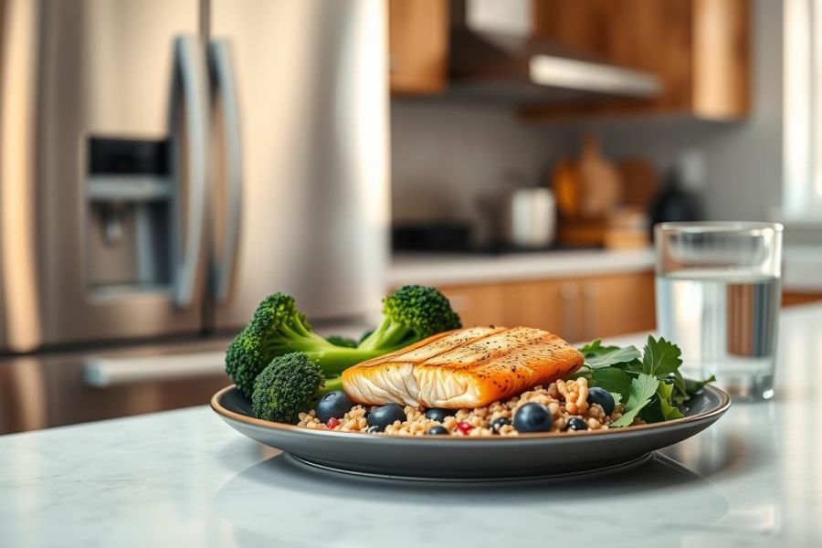 Healthy meal prep featuring grilled salmon with brown rice, blueberries, and broccoli. Presented on a dark plate in a modern kitchen setting with stainless steel appliances. Focus on nutritious food and balanced diet concepts. Fresh greens and water glass complete the scene.