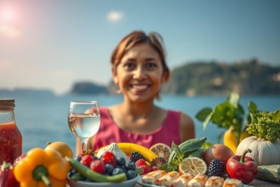 The image shows a smiling woman enjoying an outdoor meal by the sea. She's holding a wine glass and surrounded by various fruits and vegetables, indicating a healthy diet. The environment suggests a sunny day at a coastal location, with clear blue skies and calm waters visible in the background.