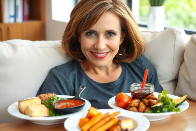 This image shows a woman sitting at a table with multiple plates of food in front of her. The setting appears to be casual, possibly a café or a home environment.