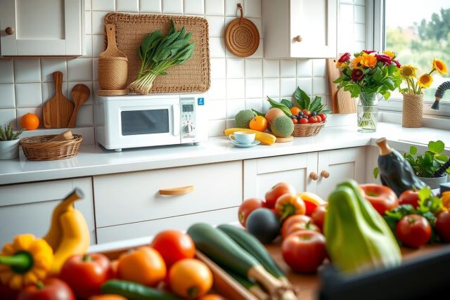The image features a kitchen counter with an abundance of fresh fruits and vegetables. On the left, there's a microwave next to wooden spoons hanging on the wall. The color palette is warm with a white cabinet backdrop, green vegetables like squash and bell peppers, and oranges among other vibrant fruits. It creates an inviting atmosphere of healthy meal preparation.