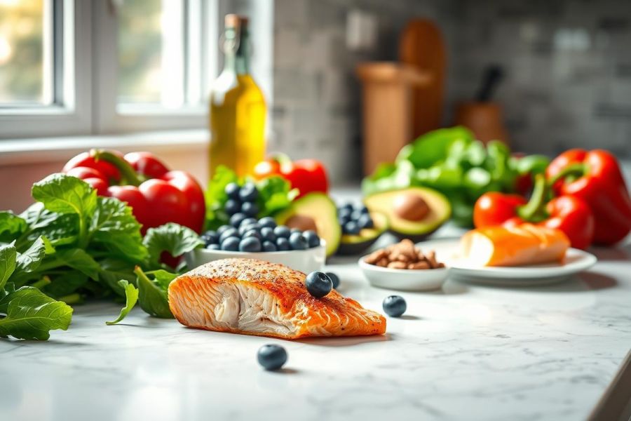 Healthy food arrangement featuring grilled salmon, fresh blueberries, vibrant vegetables like tomatoes and peppers, avocado, and herbs on a marble countertop. Bright, natural light creates a clean, nutritious meal prep scene ideal for healthy eating and wellness concepts.
