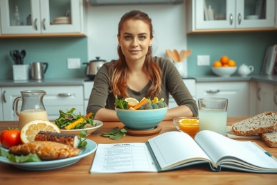 In the image, a woman is seated at a kitchen counter. She has blonde hair and appears to be engaged with paperwork in front of her. The counter is filled with various food items and kitchen utensils including cups, bowls, a knife, a spoon, and some fruits like oranges and apples. There are also books on the table. The kitchen has an open layout and appears to be well-stocked for meal preparation.