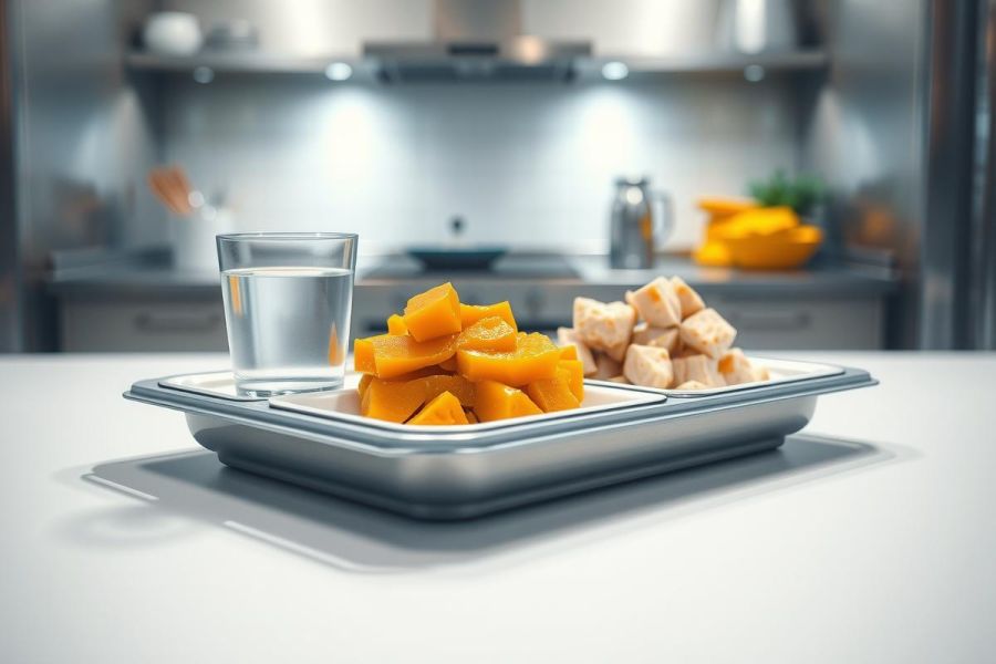 Close-up of a silver tray holding cubed orange sweet potatoes and white meat, likely chicken, in a professional kitchen setting. The background is blurred, highlighting the food's presentation.