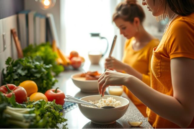 Two women in yellow tops preparing food together. Various fresh ingredients on the counter, including tomatoes, onions and cucumbers.
