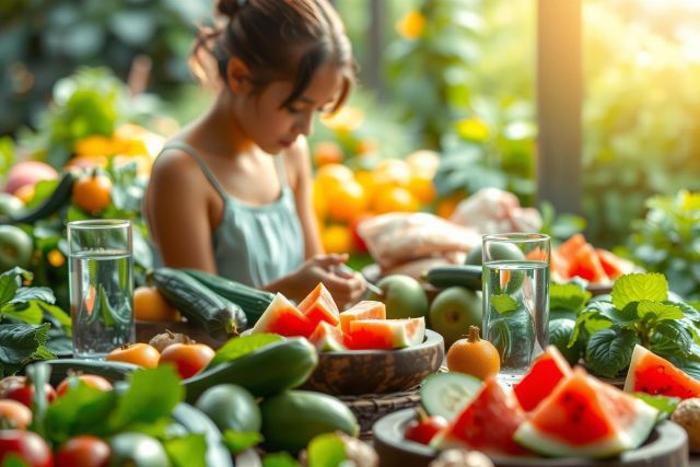 In the image, a young girl is engaged in an outdoor setting among a lush garden. She appears to be examining or picking fresh fruits and vegetables from the table in front of her. 