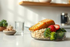 Healthy salmon dish with rice and broccoli. Close-up shot showcasing a nutritious meal with vibrant colors and a minimalist setting. Focus on fresh ingredients and balanced diet.