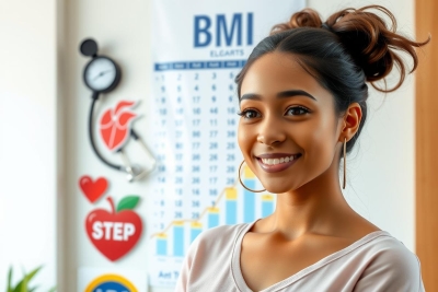 The image is a portrait of a young woman. She is smiling at the camera and appears to be in an office setting, possibly related to health or education given the posters on the wall that include references to heart rate monitoring and steps.