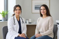 Doctor and patient seated in exam room during a calm respiratory health consultation.