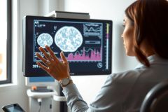 Medical professional examining a brain scan on a monitor. The image shows a diagnostic setting with a focus on neurological imaging and healthcare technology. Grey and pink hues dominate the scene.