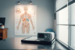 Medical equipment on a lab table with a human anatomy chart in the background. Focus on a monitor and patient bed, suggesting a healthcare setting. Blue and white tones dominate the scene.