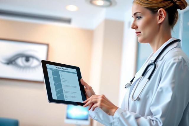 A female doctor in a white coat examines a tablet in a modern clinic. The image conveys a healthcare setting, possibly focused on digital medical records or patient information.