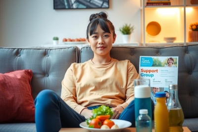 The image shows a young woman sitting on a couch. She has a brochure next to her and looks relaxed, possibly reading the brochure or taking a break from work. The setting suggests a closed environment, possibly an office or a comfortable living space. The woman's attire consists of casual clothes in muted colors, suggesting a relaxed and informal atmosphere.