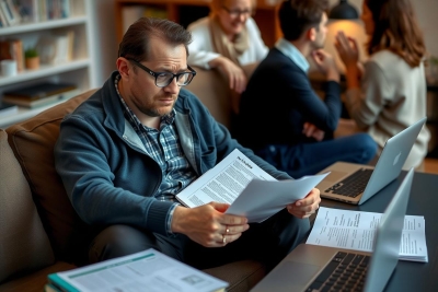 The image shows a man sitting in a living room setting, deeply focused on his work. He is using a laptop and appears to be engrossed in reading documents. 
