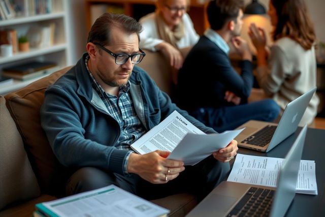 The image shows a man sitting in a living room setting, deeply focused on his work. He is using a laptop and appears to be engrossed in reading documents. 