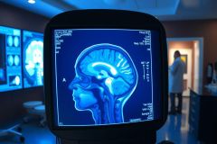 The image shows a medical setting with a large brain scan displayed on a television screen.