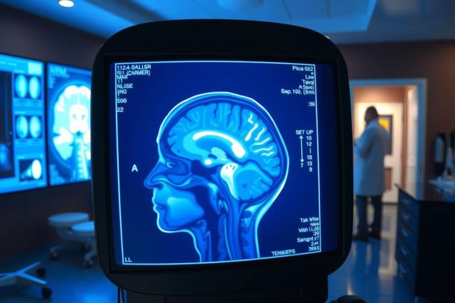 The image shows a medical setting with a large brain scan displayed on a television screen.
