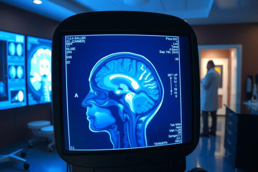 The image shows a medical setting with a large brain scan displayed on a television screen.