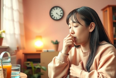 In the image, a woman is seated at a small table in a cozy room. She appears to be enjoying a warm drink, possibly tea or coffee, and has her eyes closed in a moment of contentment. 