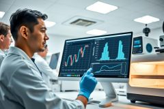 Scientist in a lab coat analyzes data on a monitor, showing graphs and charts. He's wearing gloves and pointing, likely discussing research findings in a modern laboratory setting.
