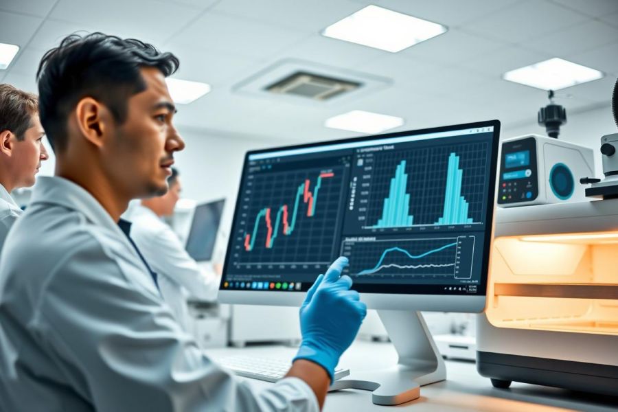 Scientist in a lab coat analyzes data on a monitor, showing graphs and charts. He's wearing gloves and pointing, likely discussing research findings in a modern laboratory setting.