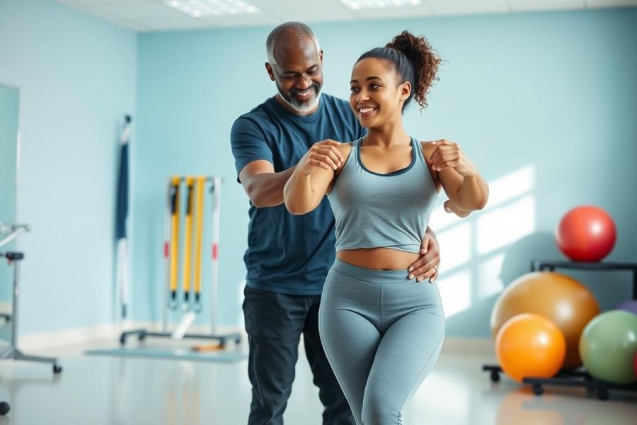 Physical therapy session: A smiling man assists a woman with balance exercises in a bright, blue gym. Fitness balls and equipment are visible. Focus on rehabilitation and wellness.