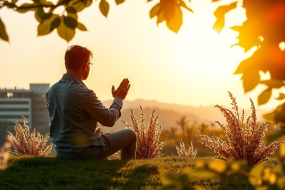 Man seated on grass, meditating under warm sunset sky. Green landscape with trees and shrubs in the background.