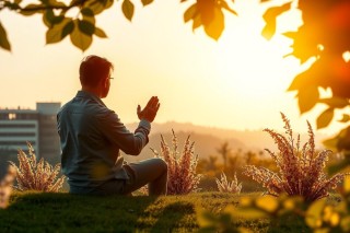 Man seated on grass, meditating under warm sunset sky. Green landscape with trees and shrubs in the background.