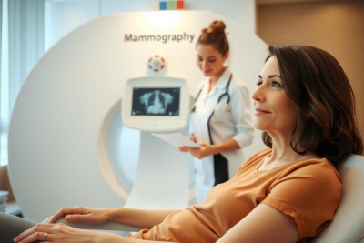 The image shows a woman lying in an MRI machine, being monitored by a medical professional. The environment appears to be a modern healthcare facility with a focus on technology and patient comfort.